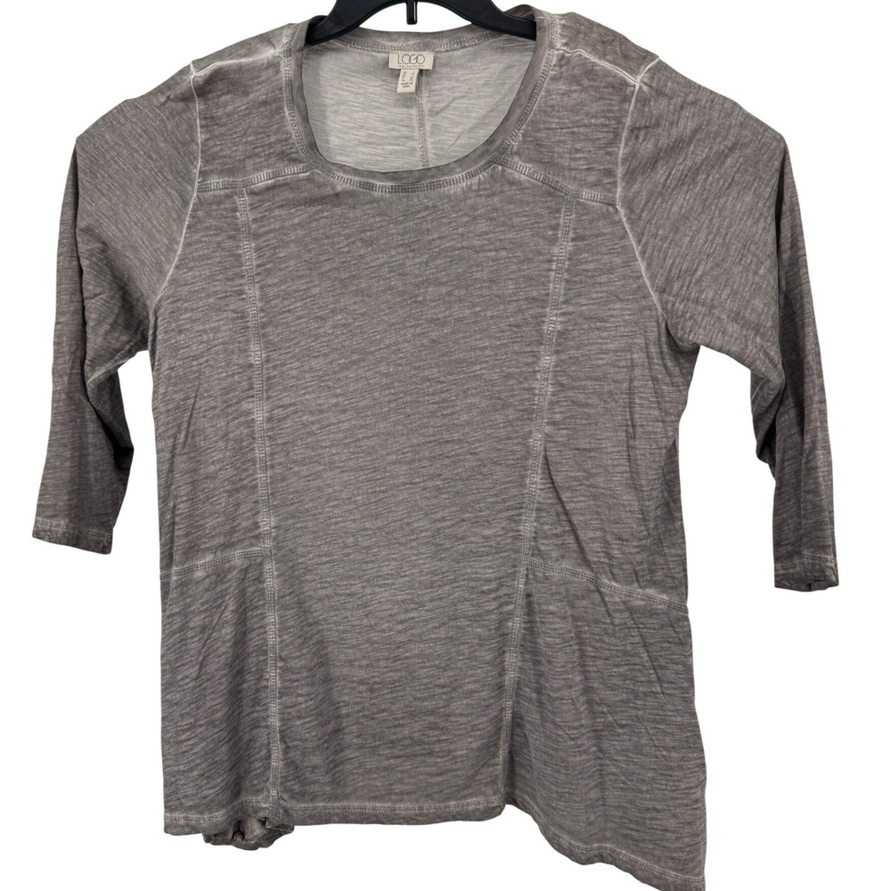LOGO Lori Goldstein Tunic Women L Gray Slub Knit Acid Wash 3/4 Sleeve Pockets